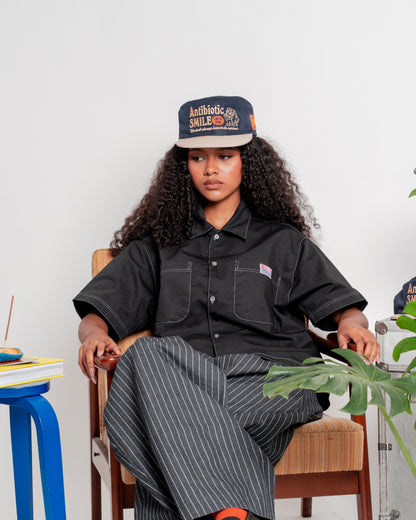 'Mechanic' Pillbox Hat (Navy Blue/Beige)