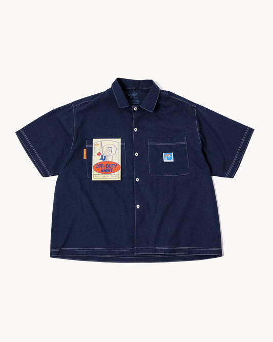 'Off Duty' SS Cotton Linen Box Button Up Shirt (Navy Blue)