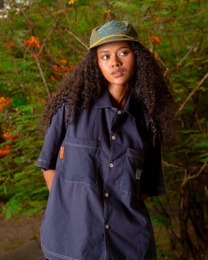 'Off Duty' SS Cotton Linen Box Button Up Shirt (Navy Blue)
