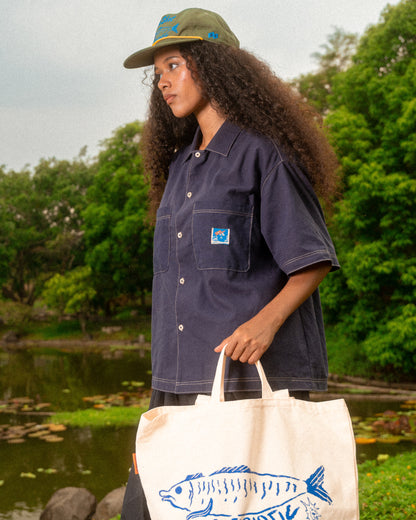 'Off Duty' SS Cotton Linen Box Button Up Shirt (Navy Blue)