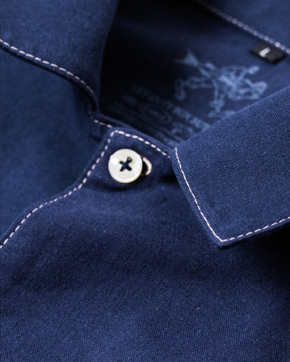 'Off Duty' SS Cotton Linen Box Button Up Shirt (Navy Blue)